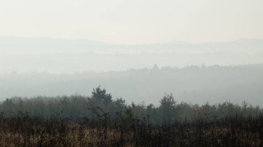 Tepe katmanlarının sisli atmosferik manzarası, sonbahar manzarası