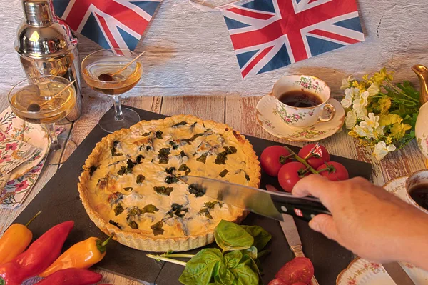 stock image King  Charles and  Queen Camilla   Coronation  Official Coronation Dish  Spinach Quiche  for  street  parties  ta  party 