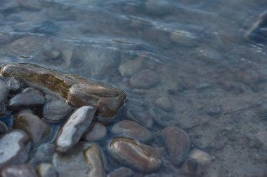 Nehirdeki büyük kayalara yakın çekim. Deniz kıyısında, temiz suda yatan bir yığın taş. Taşları kapatın. Yazı için alan, bulanık arkaplan. Yüksek kalite fotoğraf