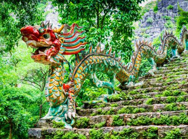 Ninh Binh, Vietnam 'daki en güzel manzaralardan biri olan Hang Mua pagoda ve Mua mağarası için merdiven boyunca taş yontulmuş ejderha taşı.
