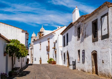 Monsaraz 'da geleneksel beyaz evleri olan çarpıcı kaldırım taşı sokağı, Portekiz' in Alentejo bölgesinde İspanya sınırına yakın ortaçağ köyü.