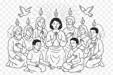 Minimalist Pentecost Çizgisi Sanat İllüstrasyonu Kutsal Ruh, Alevler, Güvercinler ve Havariler Sembolik Vektör