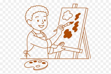 Bir Easel 'de Önlük Giyen Minimalist Yaratıcı Sahne Çocuk Resimlerinin Çizgi Sanatı