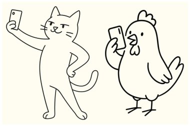 . Komik Selfie Kedi ve Tavuk Minimalist Hayvan Çizgisi Sanat İllüstrasyonu