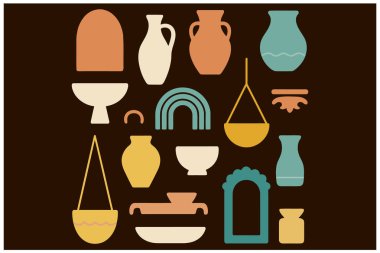   Boho Ev Dekorasyonu Vektörü Minimalist Vazolar, Saksılar, Bitkiler, Gökkuşakları ve Duvar Sanatları