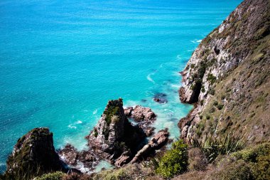 Nugget Point uçurum tarafı, Catlins, Yeni Zelanda. Pistten aşağıya bakıyor..