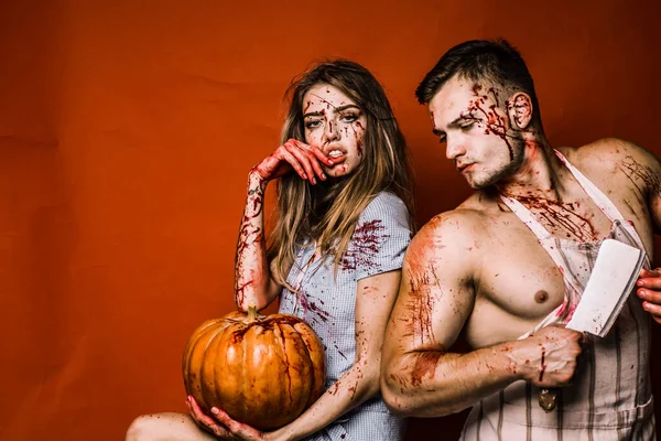 Bláznivý Halloween Pár Červeném Pozadí Izolované Pár Krvi Zvířecí Hlad — Stock fotografie