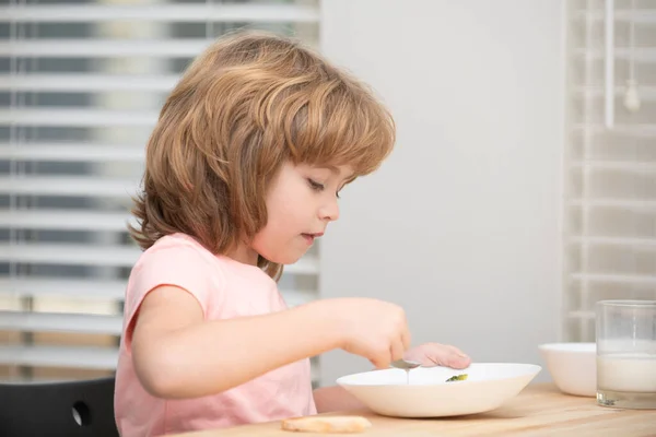 Portrait Cute Child Eating Soup Meal Breakfast Having Lunch Table — Stock Photo, Image