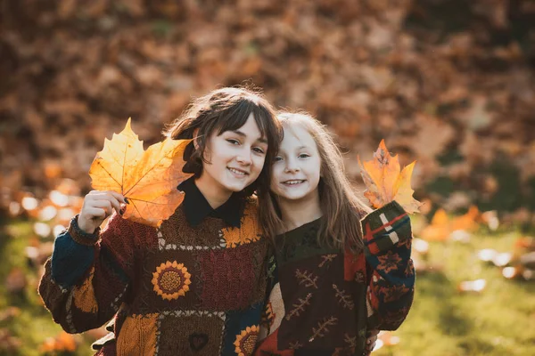 Ciepła Słoneczna Pogoda Młoda Kobieta Dziewczyna Jesiennymi Liśćmi Dłoni Jesień — Zdjęcie stockowe