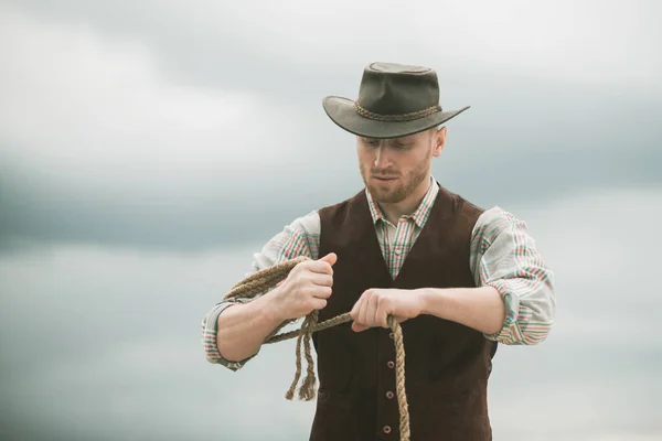 Cowboy Wearing Hat Western Life Handsome Bearded West Farmer Portrait — Stock Photo, Image