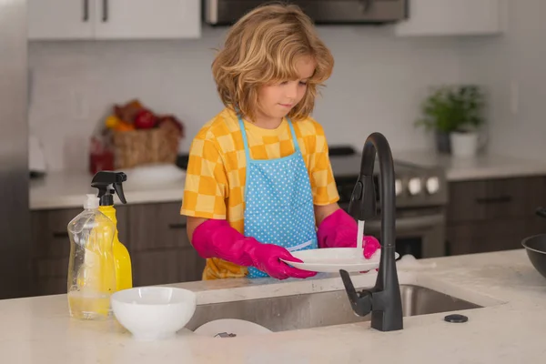 Cleaning House Child Boy Washing Dishes Kitchen Sink Detergents Cleaning — Stock Photo, Image