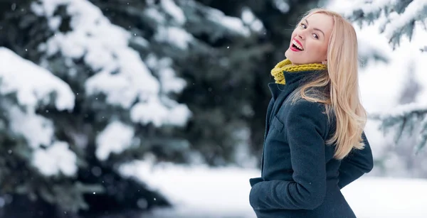 冬の雪の背景の屋外で幸せな笑顔冬の女性 コートを着た若い美しい女性の肖像画 冬の街を歩くモデル — ストック写真