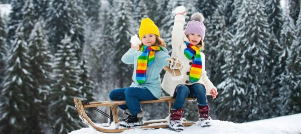 Kids play snowball, snow ball fight for children. Happy little kids wearing knitted hat, scarf and sweater play with snow