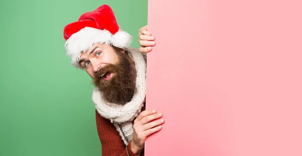 Бородатий Санта Людина Різдвяна Листівка Новорічний Банер Копією Простору Смішний — стокове фото