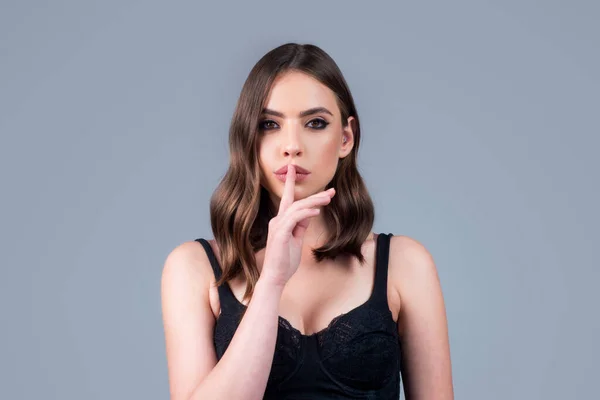 Women Secrets Woman Showing Secret Sign Female Finger Mouth Closeup — Stock Photo, Image