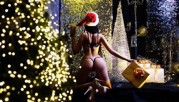 Beautiful Sexy Santa Panties Hat Bra Fashion Portrait Naked Model — Stok fotoğraf