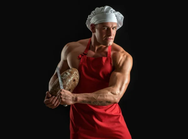 Sexy Man Bread Whole Grain Bread Chef Holding Gold Knife — ストック写真
