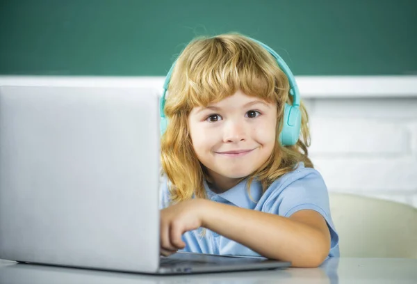 Funny School Kid Boy Laptop Computer Headphones Class School — Stock Photo, Image