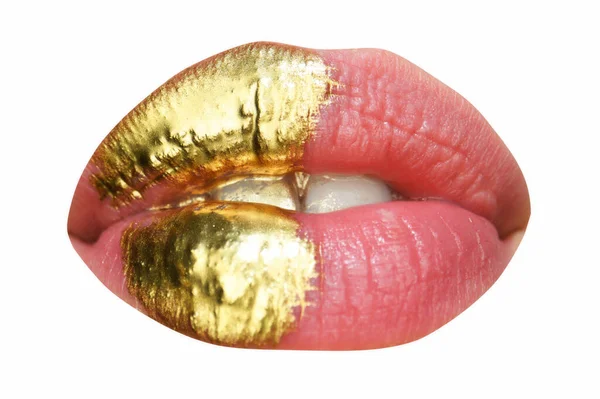 Mond Ikoon Gouden Lippen Gouden Lipgloss Sexy Lippen Metalen Mond — Stockfoto