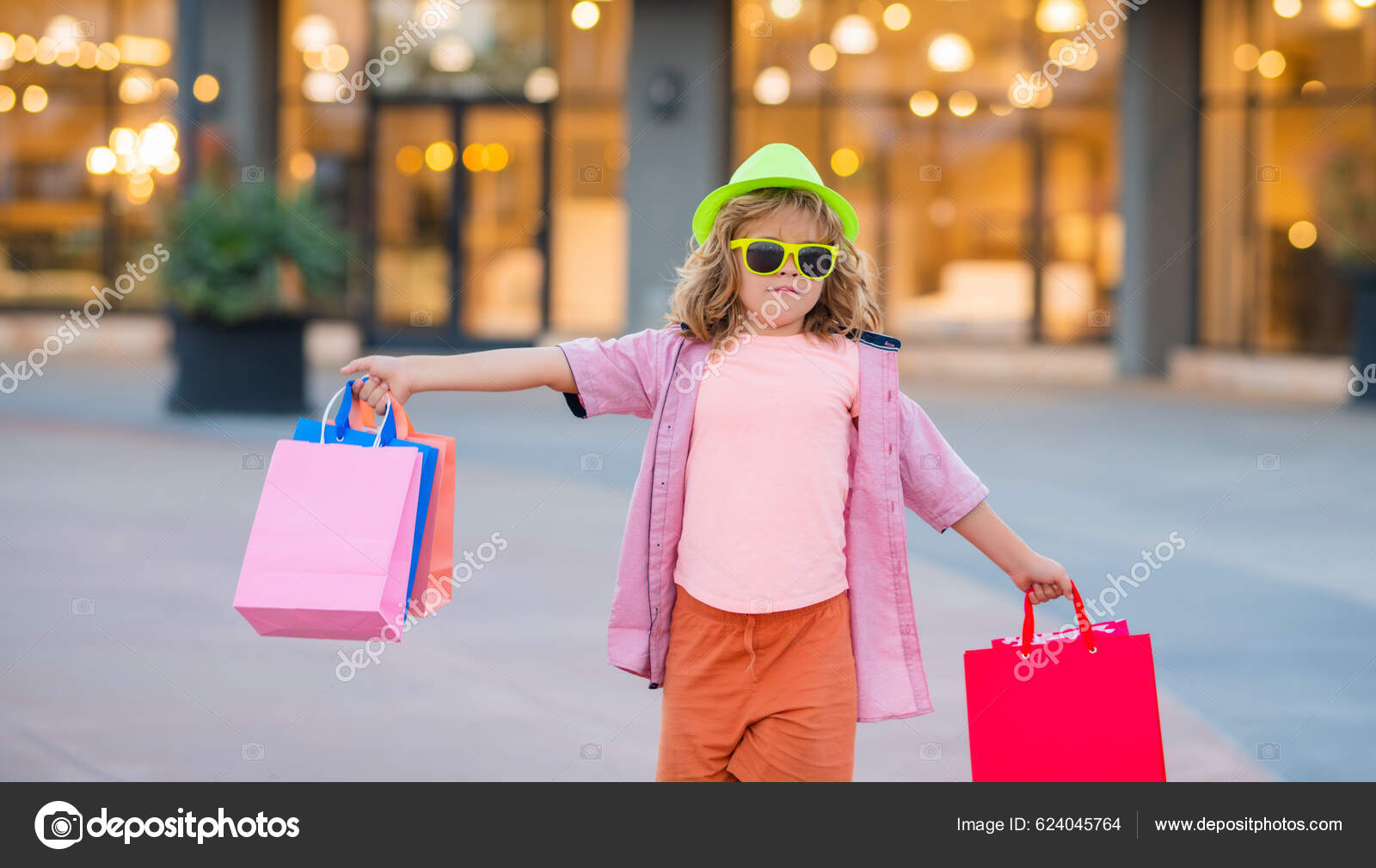 Cute Little Boy Summer Fashion Clothes Goes Shopping Happy Child