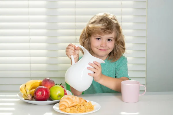 Fuuny Little Boy Pouring Whole Cows Milk Breakfast Funny Blonde — Stock Photo, Image