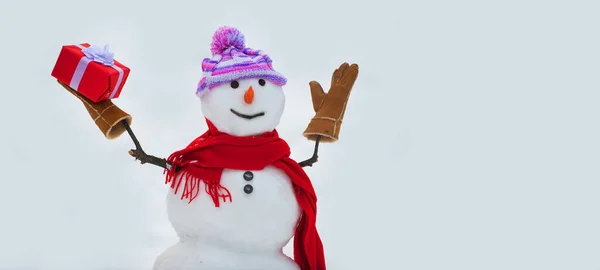 戴着围巾和帽子的雪人 可爱的雪人站在冬季的横幅上 戴着时髦帽子和围巾的有趣雪人 问候语 — 图库照片