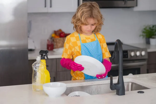 Kid Wiping Dishes Kitchen Child Cleaning Doing Housework Home Cute — Stock Photo, Image