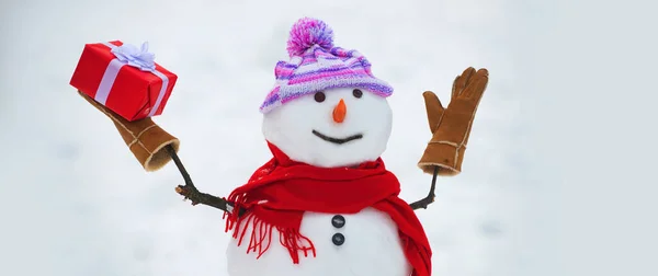 スカーフとニット帽の雪だるま 冬の背景に立ってかわいい雪だるま 挨拶の雪だるま — ストック写真