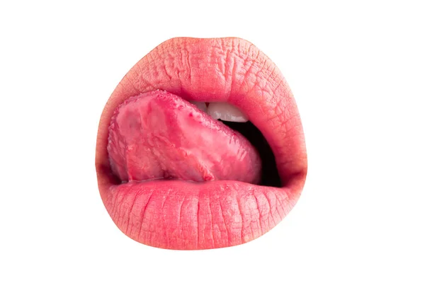 Sinnlich Lecken Makrozunge Lecken Lippen Großaufnahme Des Mundes Der Frau — Stockfoto
