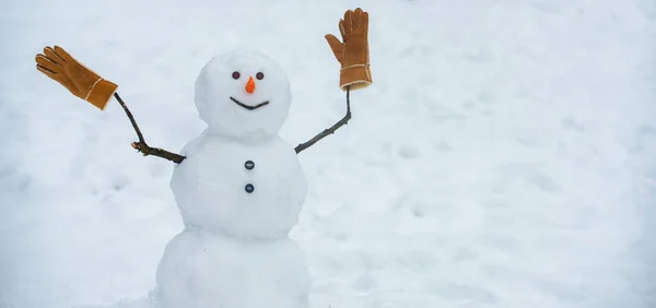 Зимнее Знамя Приветствую Снеговика Милые Снеговики Стоят Зимнем Рождественском Фоне — стоковое фото