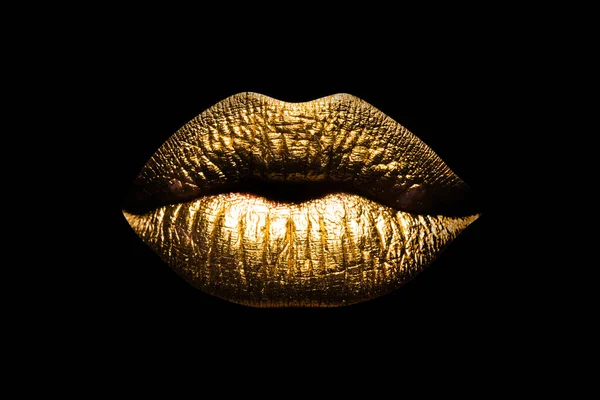 黒い背景に孤立した金色の唇 クリッピングパスの金の唇 豪華グラマーアート口 — ストック写真