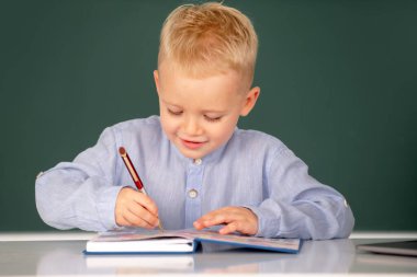 İlkokulda okuyan küçük bir öğrenci çocuğu. İlkokulda ders sırasında tahtaya yakın öğrenci portresi.