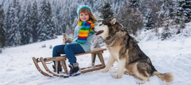 Köpekli çocuk kışın kızakla eğleniyor. Köpekli çocuklar