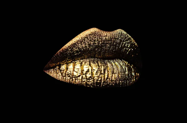 Luxe Glamour Art Mouth Gouden Lippen Geïsoleerd Zwarte Achtergrond Knippad — Stockfoto
