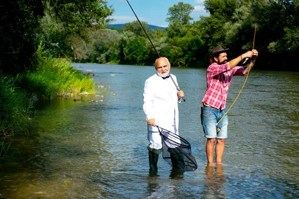 Father Mature Son Fisherman Fishing Fishing Rod River — Stock Photo, Image