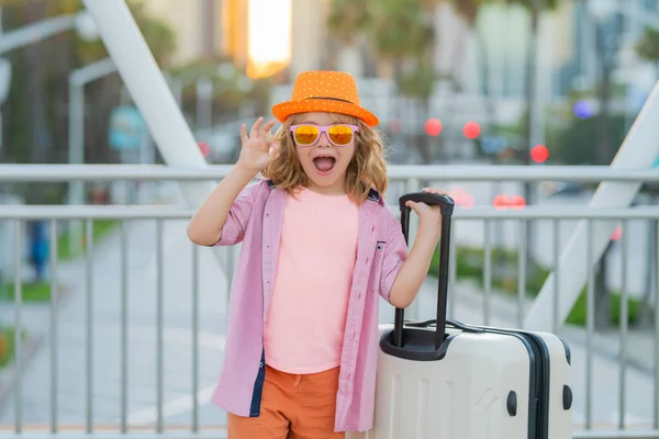 Little Traveler Suitcase Happy Child Tourist Travel Bag Travelling Kid — Stock Photo, Image