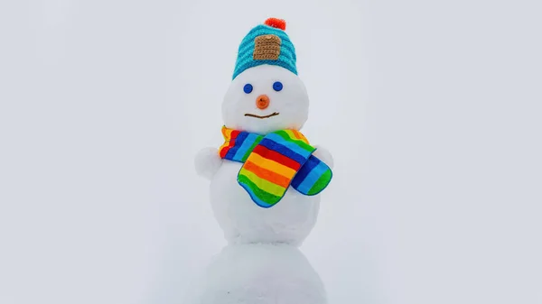 Szczęśliwy Uśmiechnięty Bałwan Słoneczny Zimowy Dzień Odzież Zimowa Dziana Czapka — Zdjęcie stockowe