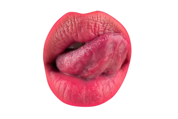 Konstgjorda Röda Läppar Tungan Och Sexiga Kvinnliga Läppar Makrotunga Slickar — Stockfoto