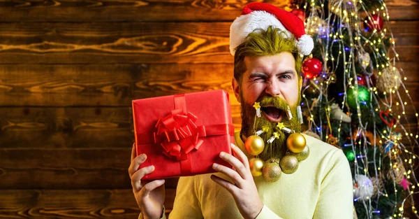 Funny Excited Santa Portrait Banner Hipster Santa Decorated Beard New — Stock Photo, Image