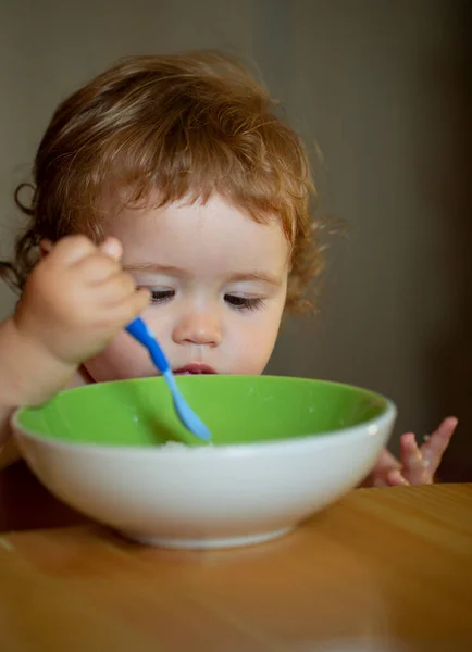 Happy Baby Eating Himself Spoon — Stock Photo, Image