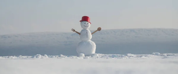 Χειμερινό Λάβαρο Χιονάνθρωπος Μάγειρας Σεφ Στο Χιόνι Εξωτερικό Φόντο Χριστουγεννιάτικο — Φωτογραφία Αρχείου
