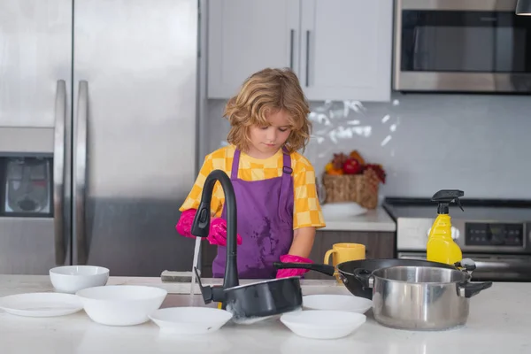 Sauberes Geschirr Kleine Haushälterin Kinder Waschen Und Wischen Geschirr Der — Stockfoto