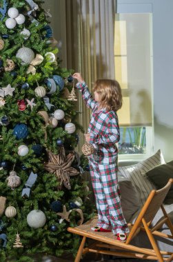 Mutlu noeller. Oğlum Noel kutlaması için evi hazırlıyor. Arka planda Noel ağacı var. Xmas kış tatili konsepti