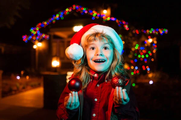 Happy Excited Kid Looks Sky Christmas Night Kid Santa Hat — Stock Photo, Image