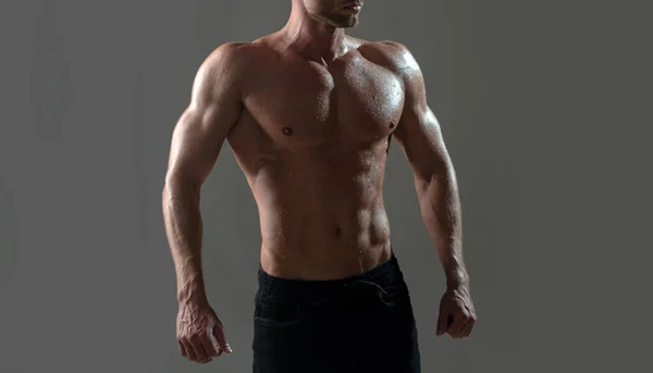 Músculos Peito Modelo Homem Sem Camisa Muscular Com Seis Abdominais — Fotografia de Stock