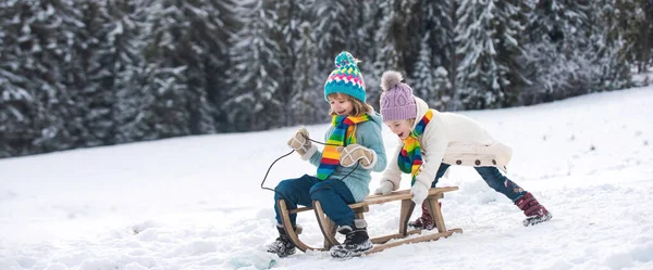 Funny Children Snow Ride Sled Winter Outdoors Games Happy Christmas — Stock Photo, Image