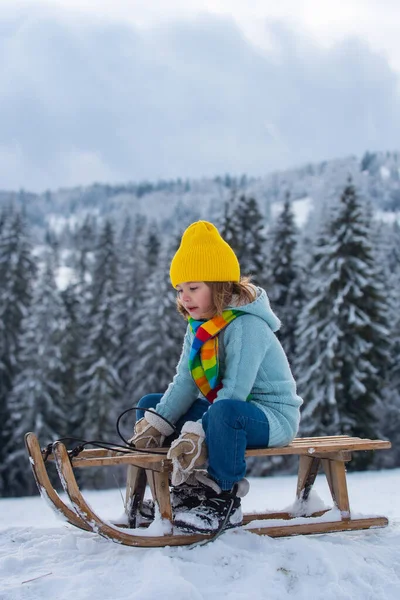 冬の風景の中でそりに乗ることを楽しむ男の子 そりの上の子供 子供は雪の中で外で遊ぶ クリスマスの時間 — ストック写真