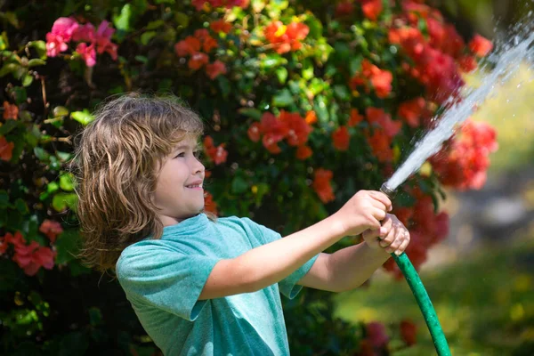 Pojke Vattnar Växter Trädgården Begreppet Barnvänlighet Och Barndom Lilla Hjälpreda — Stockfoto