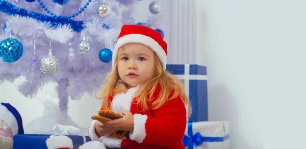 Portret Chłopca Kapeluszu Świątecznego Mikołaja Trzymać Pierniki Ciasteczka Dekorowanym Tle — Zdjęcie stockowe