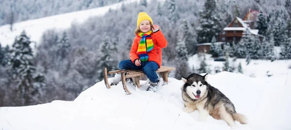 Niño Con Perro Trineo Montaña Invierno Disfrutando Paseo Trineo Una — Foto de Stock